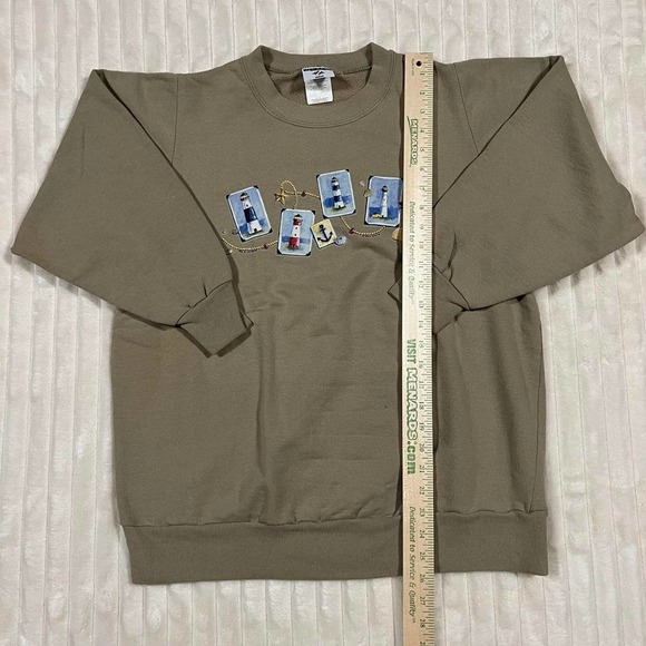 Large Khaki/Tan Light House Nautical Print Graphic Sweat Shirt - Picture 2 of 7